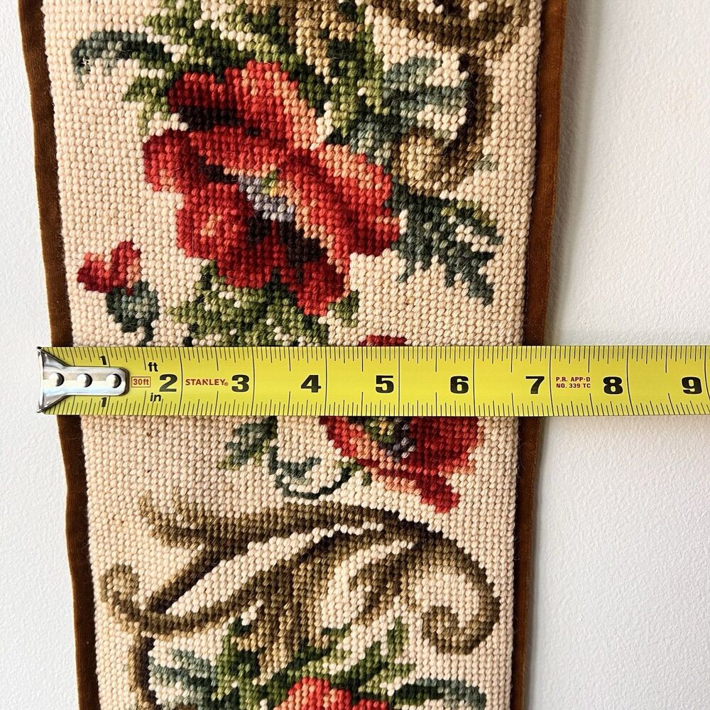 Vtg 7Os Poppies Needlepoint Bell Pull Wall Hanging Tapestry Brass Hardware - Picture 14 of 16